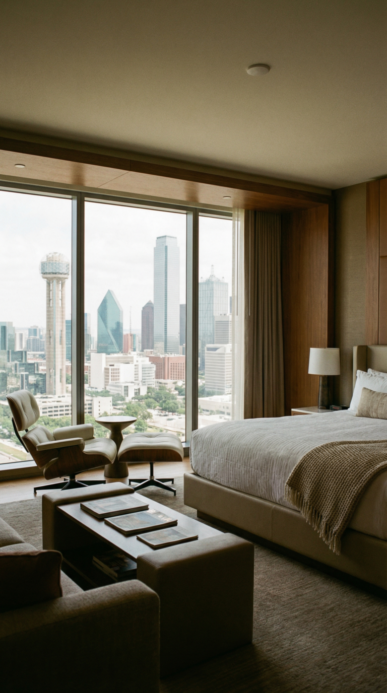 Modern Dallas hotel room with panoramic downtown skyline views through large windows