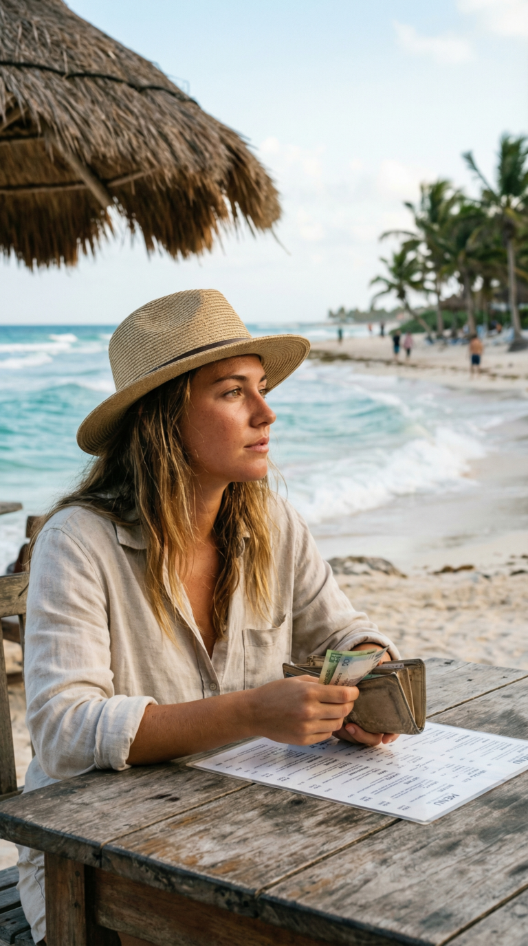 Budget traveler managing money at beachside café on Galveston Island with Gulf view