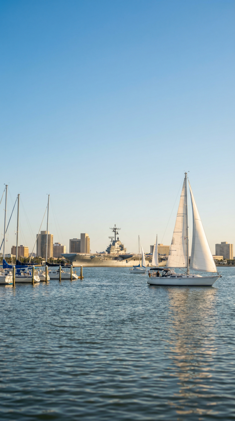 Corpus Christi bayfront skyline and USS Lexington from the water