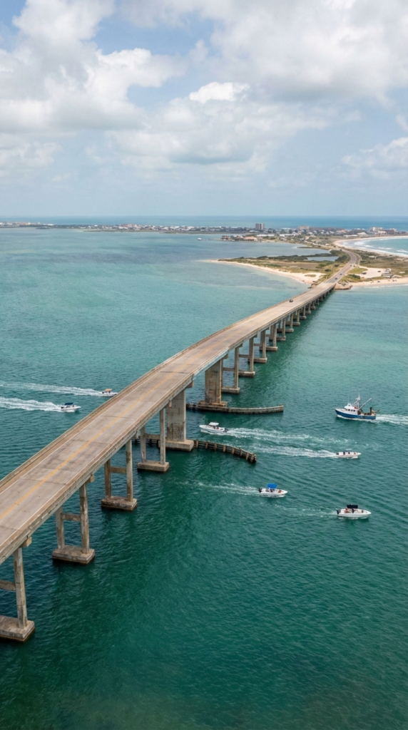 Queen Isabella Causeway bridge connecting to South Padre Island over blue waters