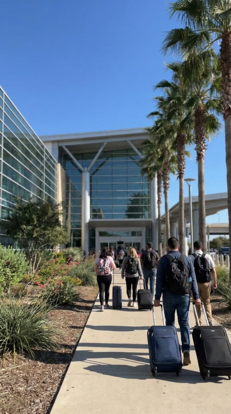 San Antonio International Airport terminal with modern architecture and travelers
