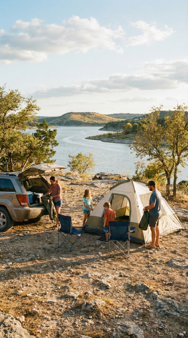 Budget camping at Possum Kingdom Lake State Park with family setting up tent