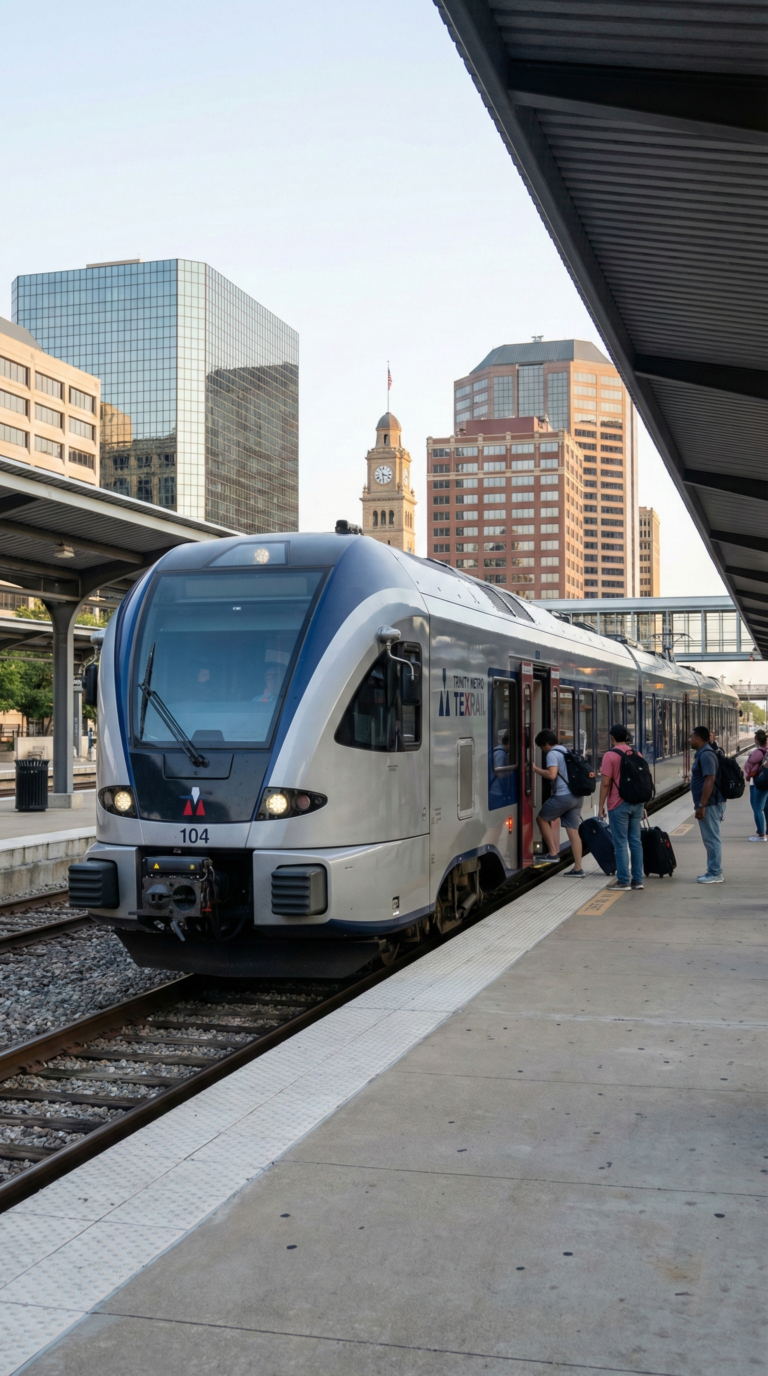 Trinity Metro TEXRail train at Fort Worth Central Station with downtown skyline