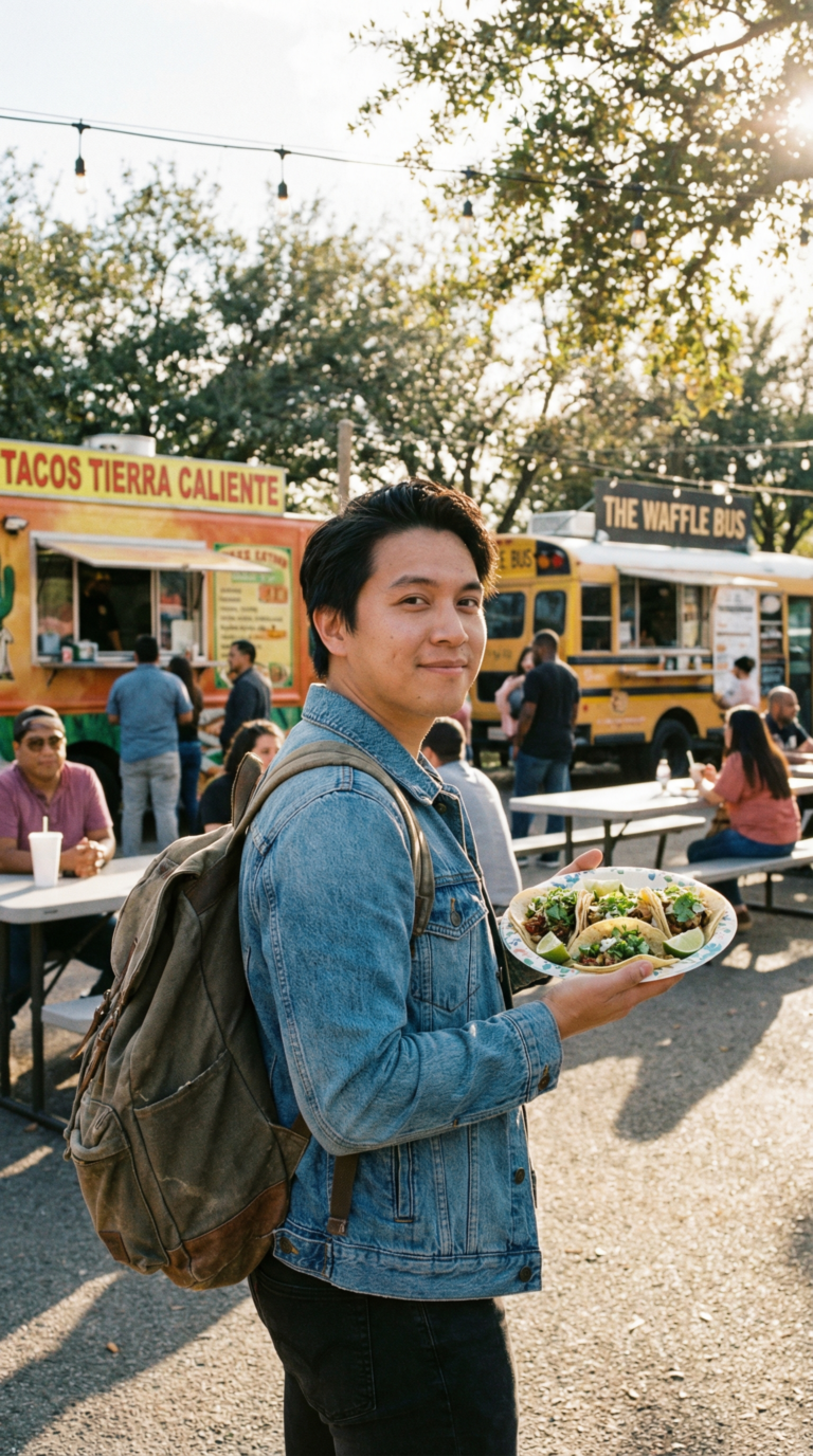 Traveler enjoying affordable food truck tacos in Houston