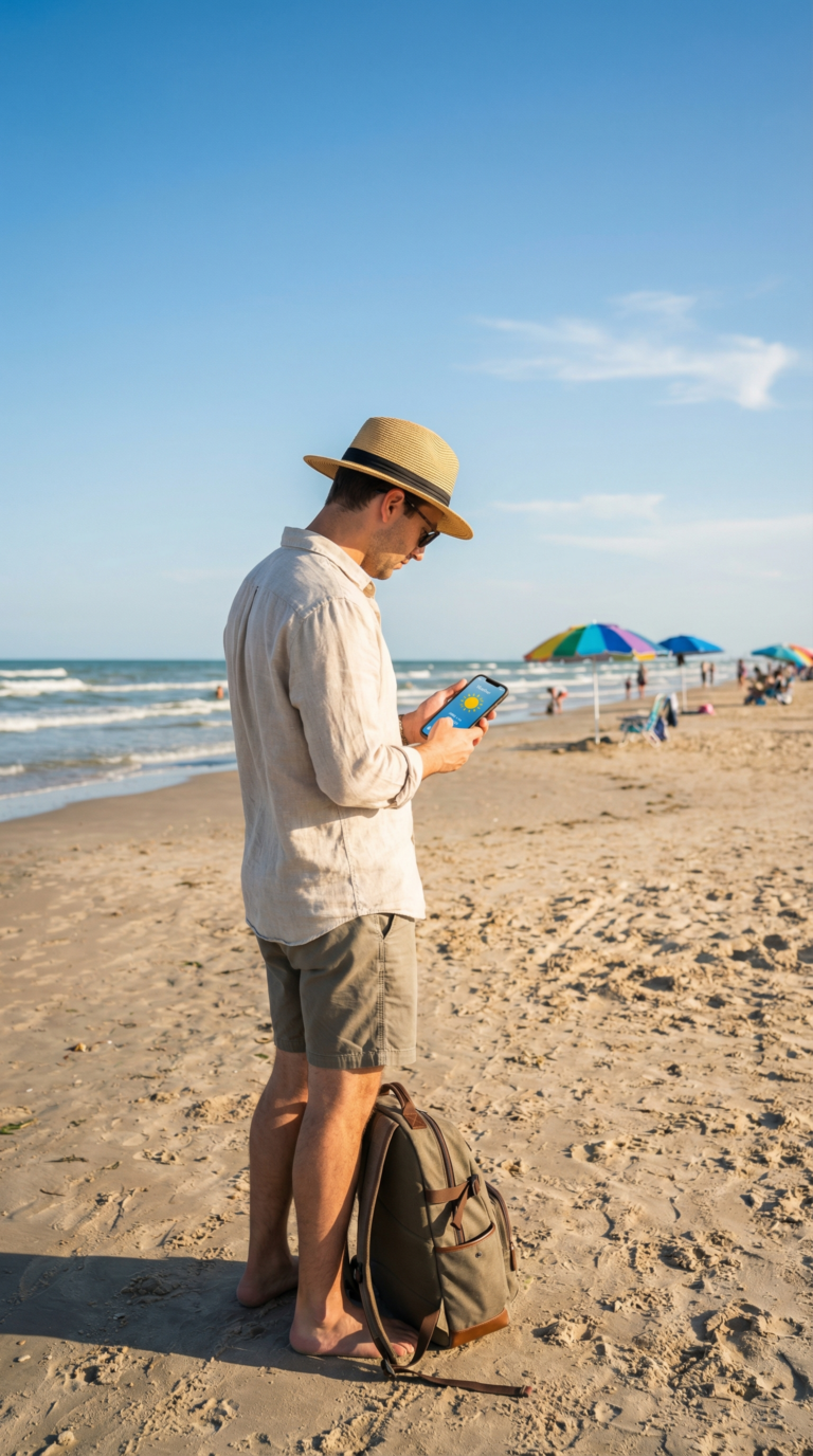 Traveler enjoying sunny weather on Corpus Christi Beach with blue skies