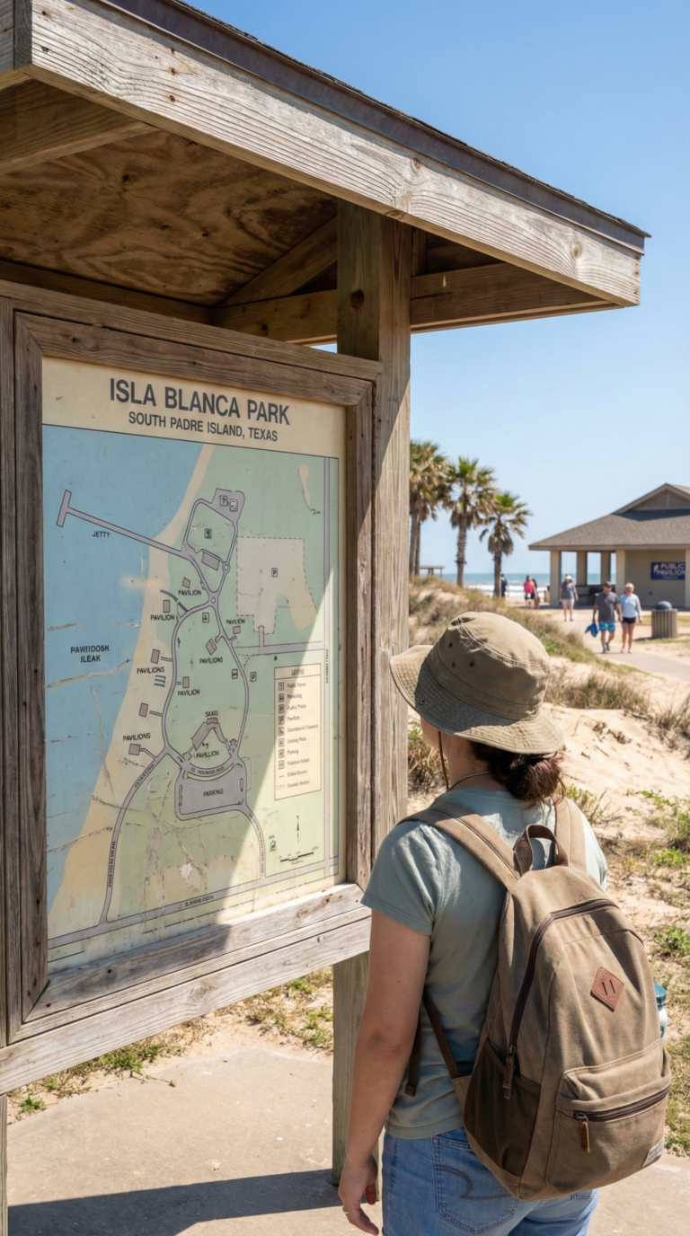 Isla Blanca Park information board and map for visitors South Padre Island