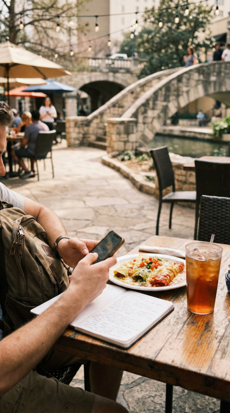 Traveler planning budget at San Antonio cafe with meal and smartphone