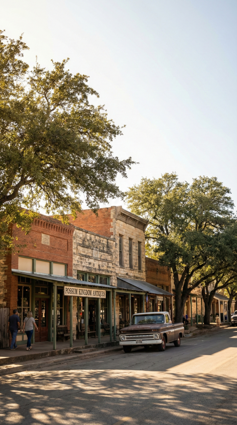 Historic small town near Possum Kingdom Lake with local shops and Texas character
