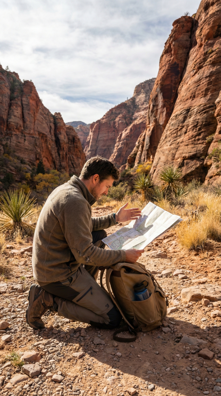 Hiker preparing for a trail at Palo Duro Canyon with proper gear and water supplies