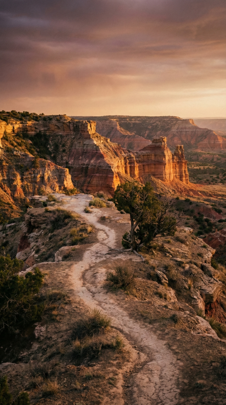 Palo Duro Canyon red rock formations and layered walls at golden hour Texas