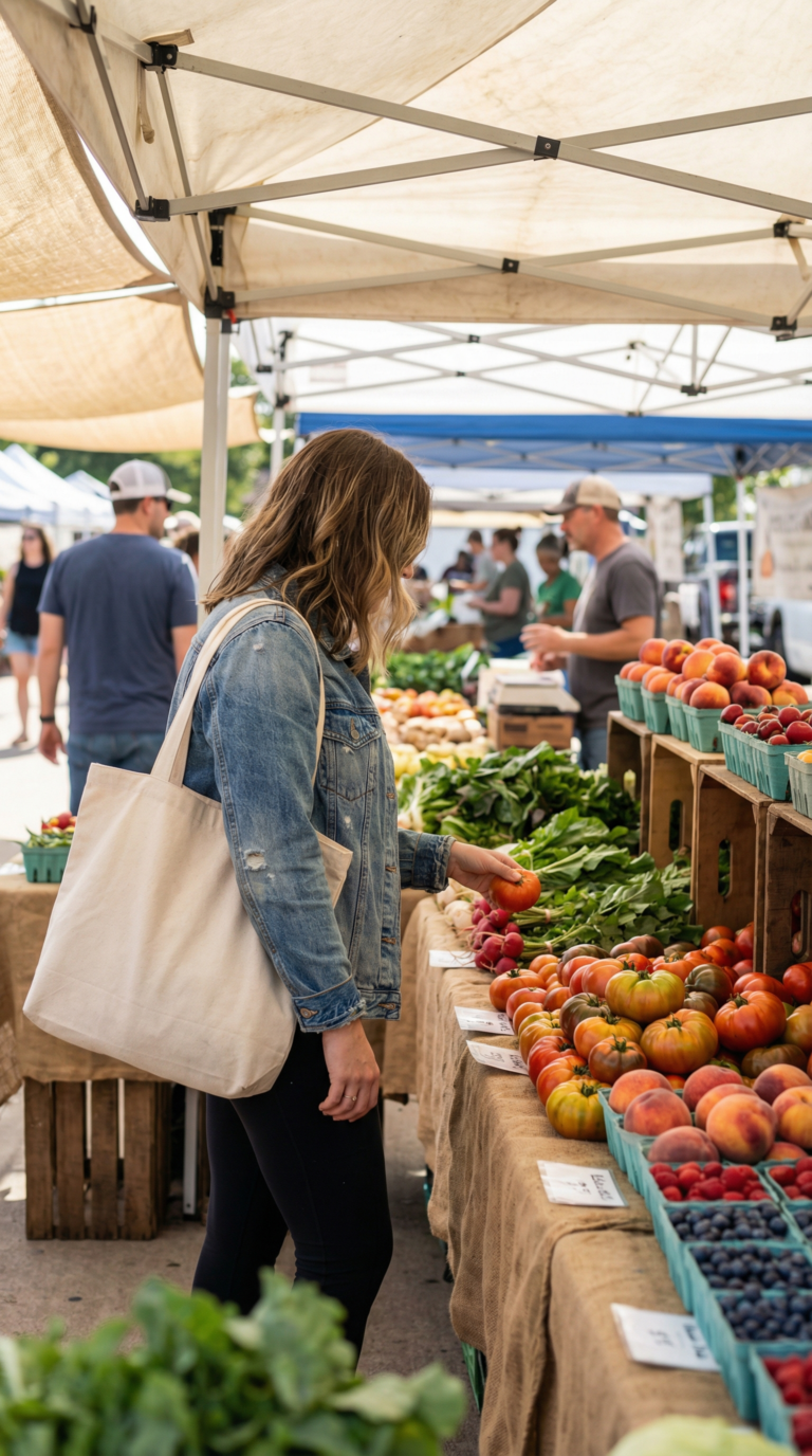 Traveler shopping for fresh produce at Dallas farmers market stall