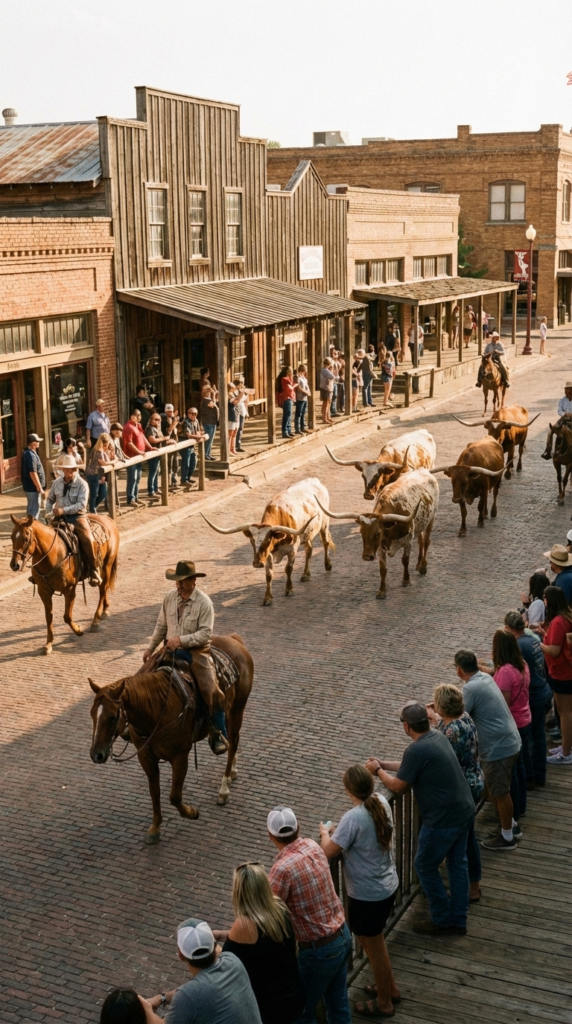 Fort Worth Stockyards historic district with Western buildings and cattle drive