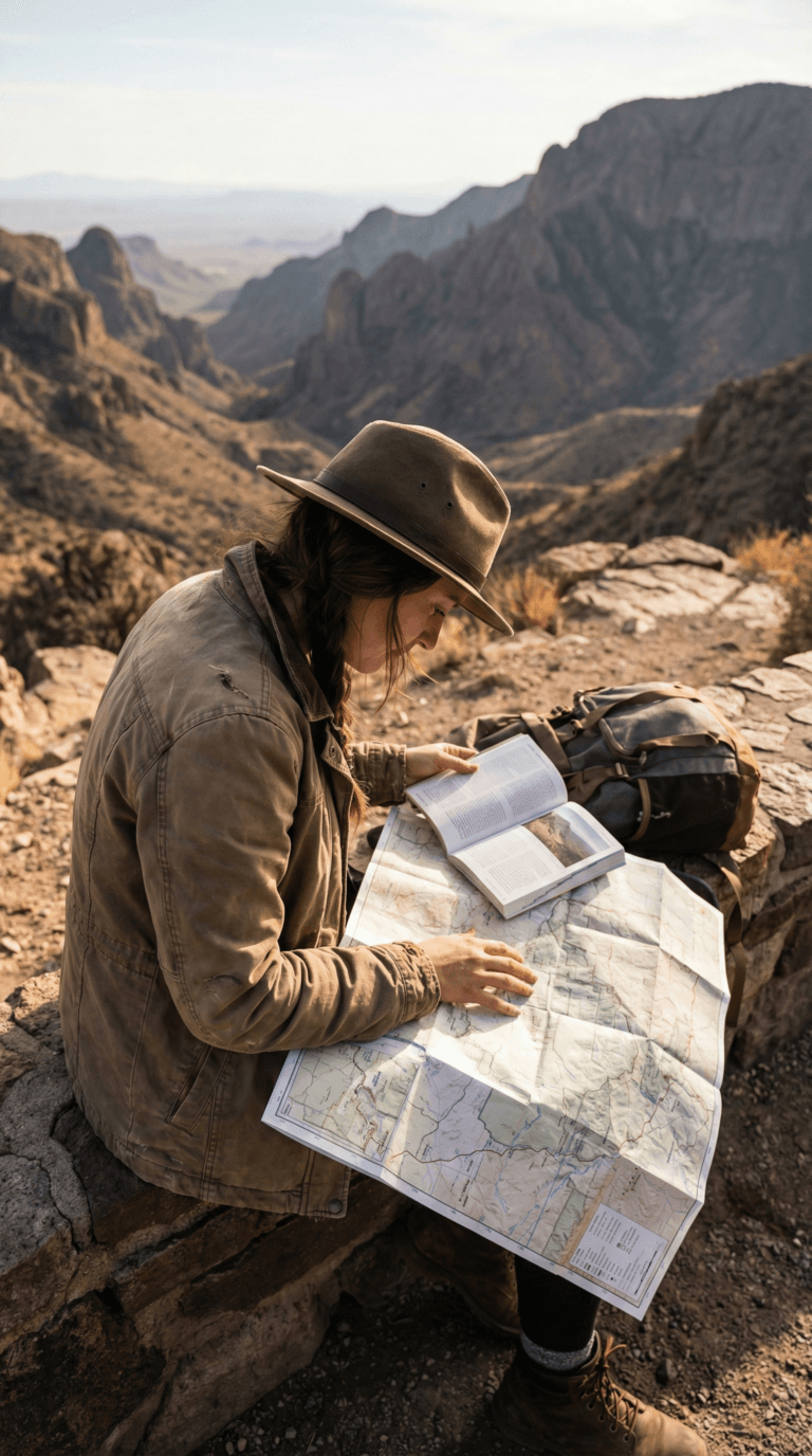 Visitor planning Big Bend National Park trip with map and guidebook