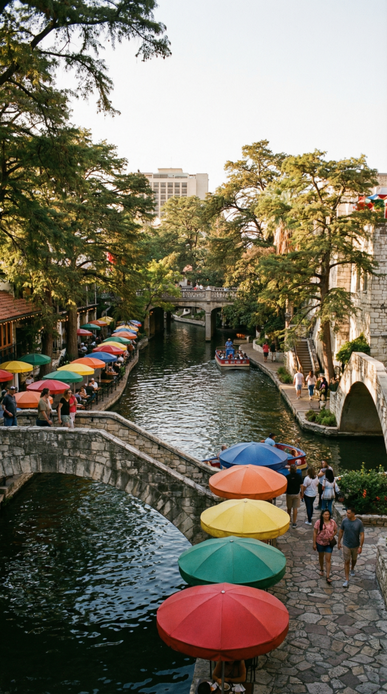 San Antonio River Walk with colorful umbrellas and historic bridges