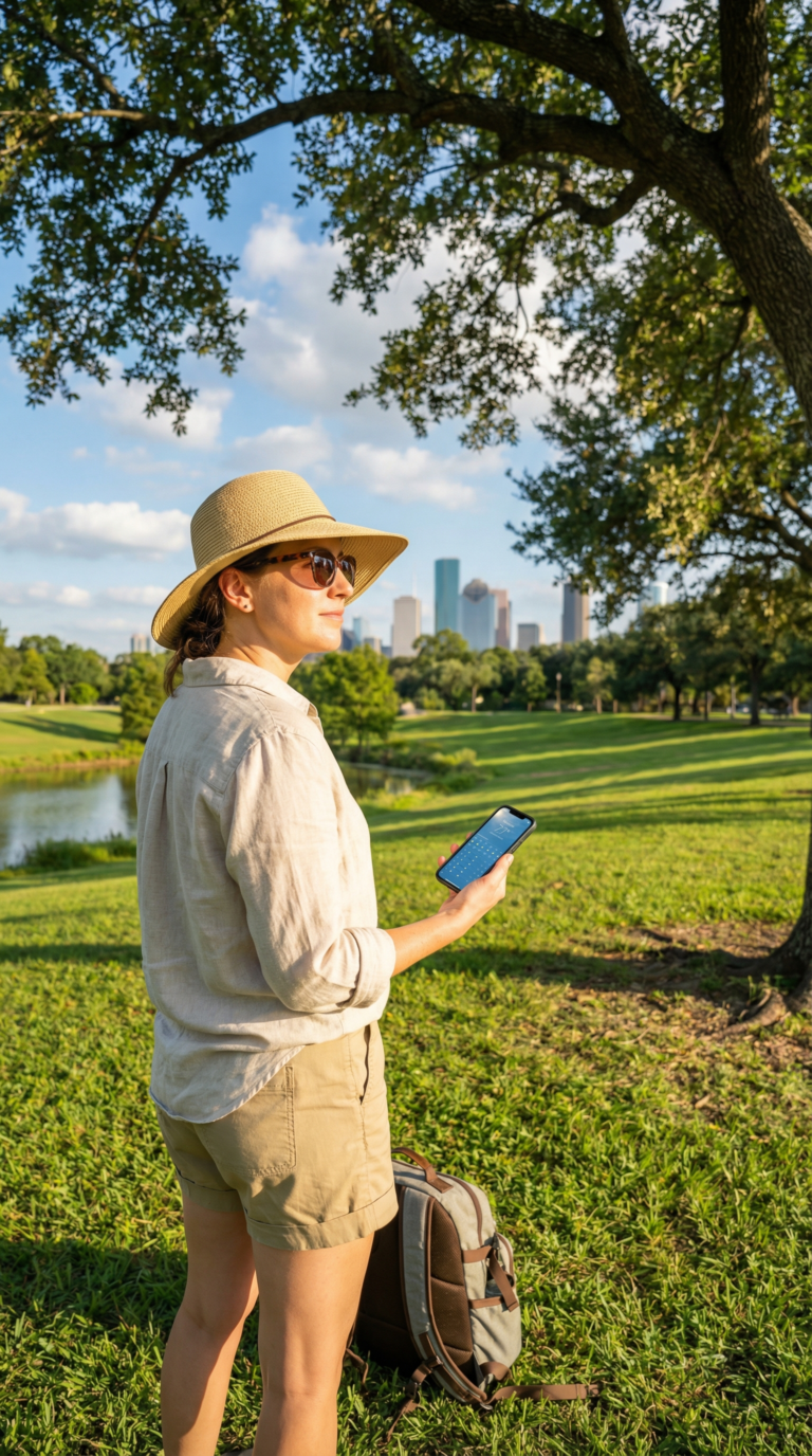 Traveler checking weather forecast in Houston park during summer
