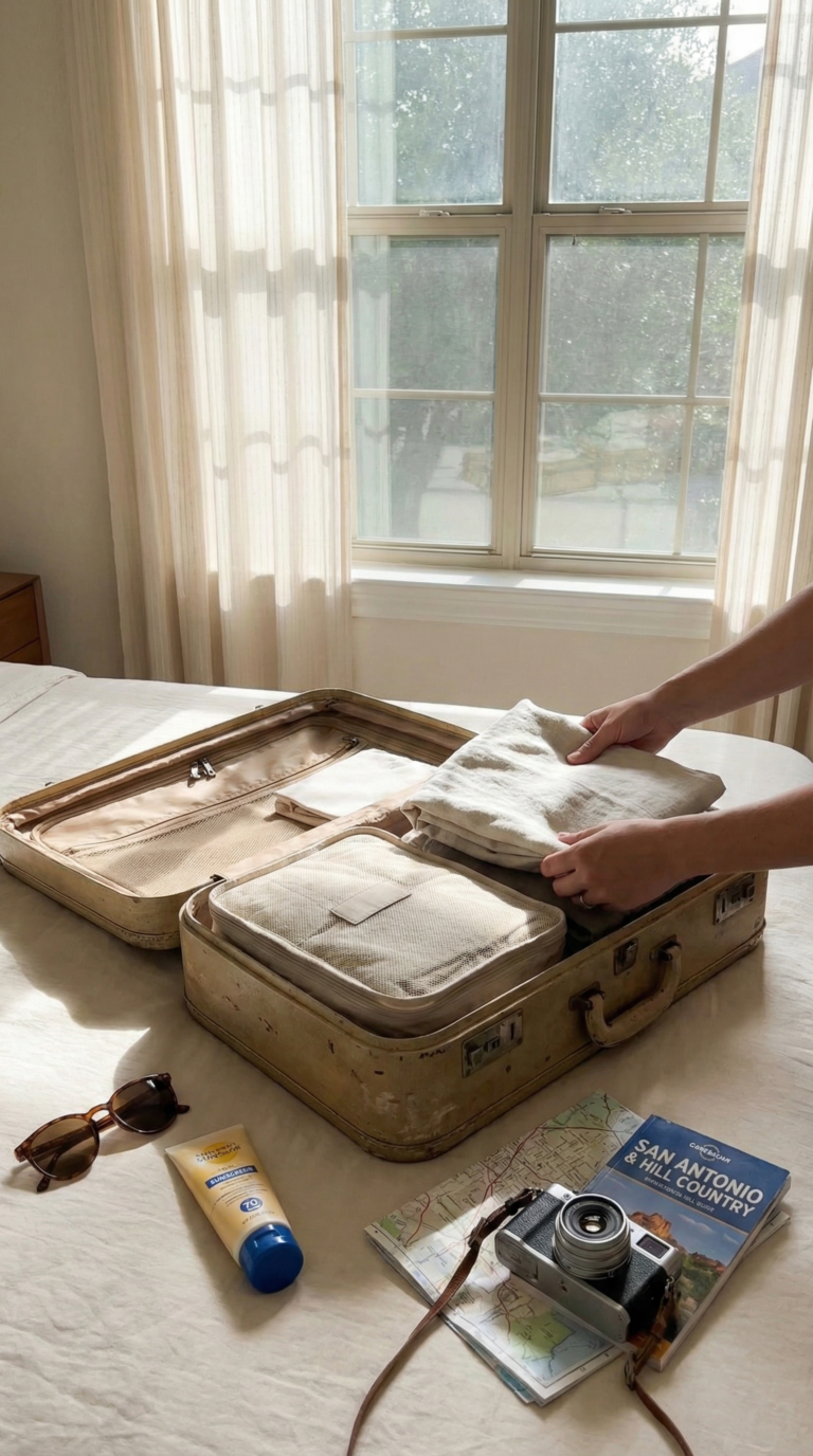 Traveler packing suitcase with sunscreen, sunglasses, and light clothing for San Antonio