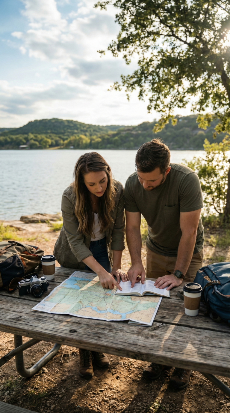 Travelers planning Possum Kingdom Lake trip with map and guidebook