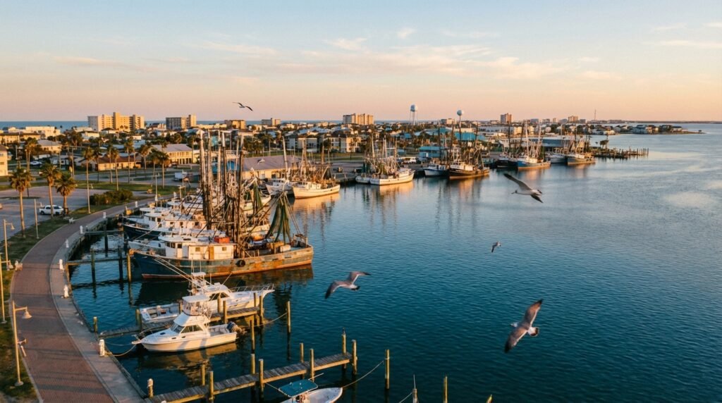 Aransas Pass harbor with fishing boats at sunset on the Texas coast