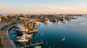 Aransas Pass harbor with fishing boats at sunset on the Texas coast