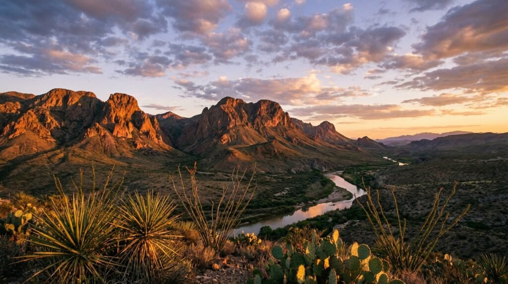 Chisos Mountains and Rio Grande at sunset in Big Bend National Park, Texas