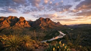 Chisos Mountains and Rio Grande at sunset in Big Bend National Park, Texas