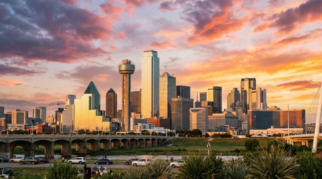 Dallas Texas downtown skyline at sunset with Reunion Tower and modern skyscrapers