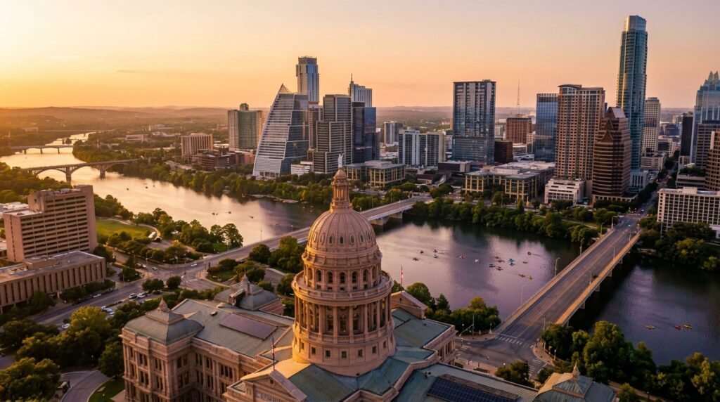 Downtown Austin skyline at sunset with Texas State Capitol and Colorado River