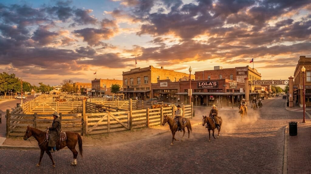 Fort Worth Stockyards historic district with cattle pens and Western storefronts at sunset
