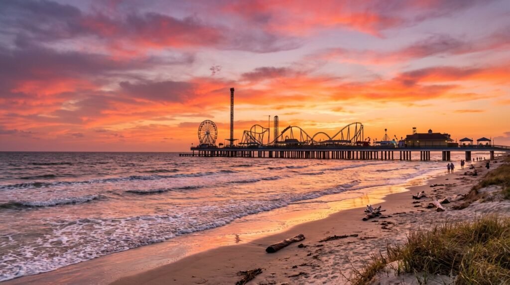 Galveston Island Historic Pleasure Pier at sunset over Gulf of Mexico beach
