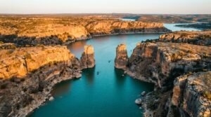 Hell's Gate cliffs at Possum Kingdom Lake with crystal blue water and canyon walls at sunset