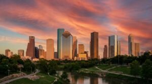 Houston downtown skyline at golden hour with Buffalo Bayou in foreground