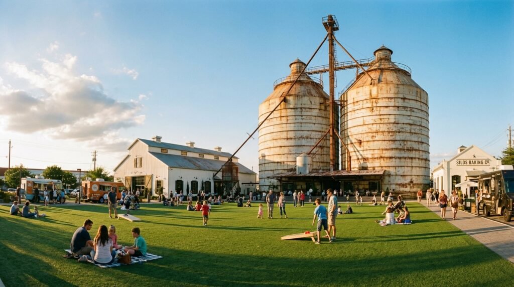 Magnolia Market at the Silos in Waco, Texas with visitors on green lawn