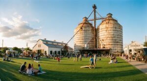 Magnolia Market at the Silos in Waco, Texas with visitors on green lawn