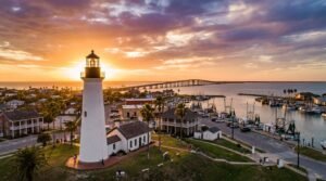Port Isabel Lighthouse and Queen Isabella Causeway at sunset in coastal Texas
