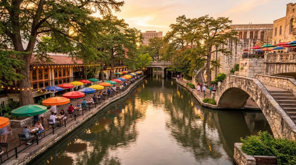 San Antonio Riverwalk at sunset with colorful cafes and historic bridges along the water