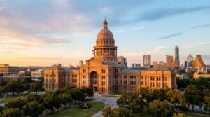 Texas State Capitol building in Austin at sunset with downtown skyline