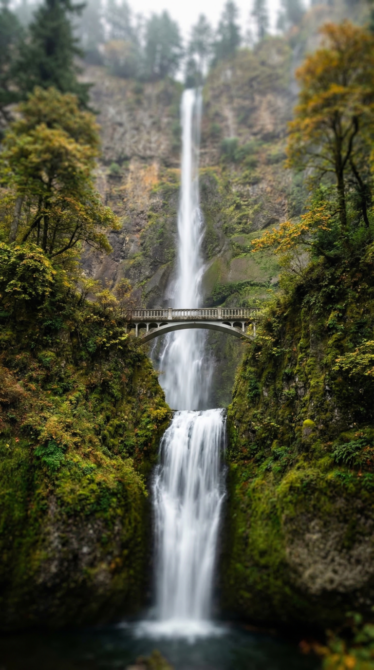 Multnomah Falls with Benson Bridge in Columbia River Gorge Oregon