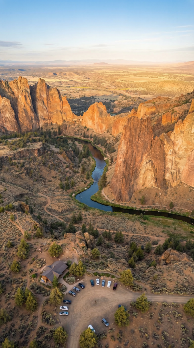Aerial view of Smith Rock State Park with Crooked River winding through dramatic rock formations in Oregon