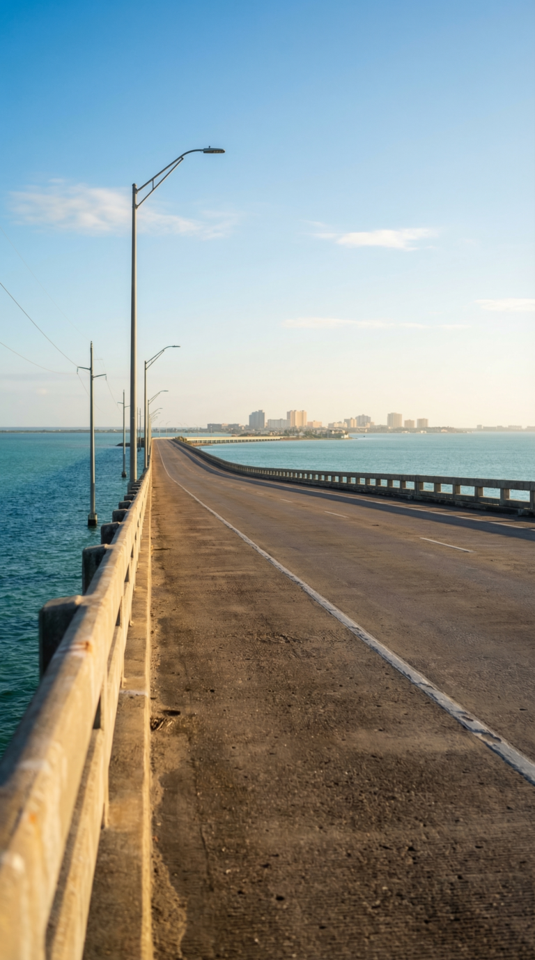 View from Queen Isabella Causeway roadway looking toward South Padre Island with bay waters on both sides