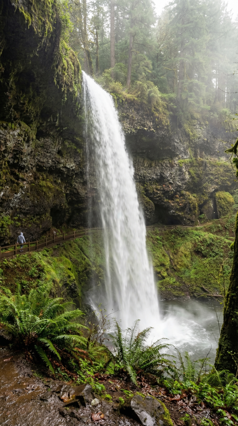 South Falls at Silver Falls State Park Oregon with trail behind waterfall