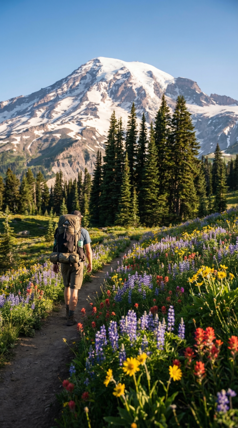 Mount Hood Oregon with wildflower meadow and hiker on trail