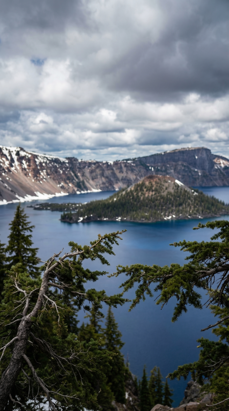 Crater Lake National Park Oregon with Wizard Island and snow-capped rim