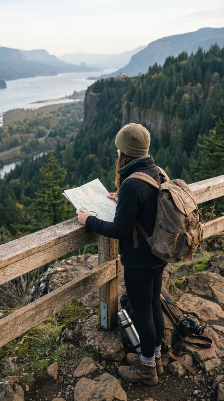 Traveler planning route at Oregon viewpoint with map and backpack