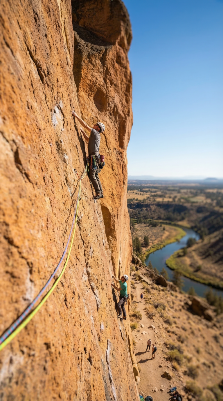 Rock climbers on Monkey Face formation at Smith Rock State Park with Misery Ridge trail visible below