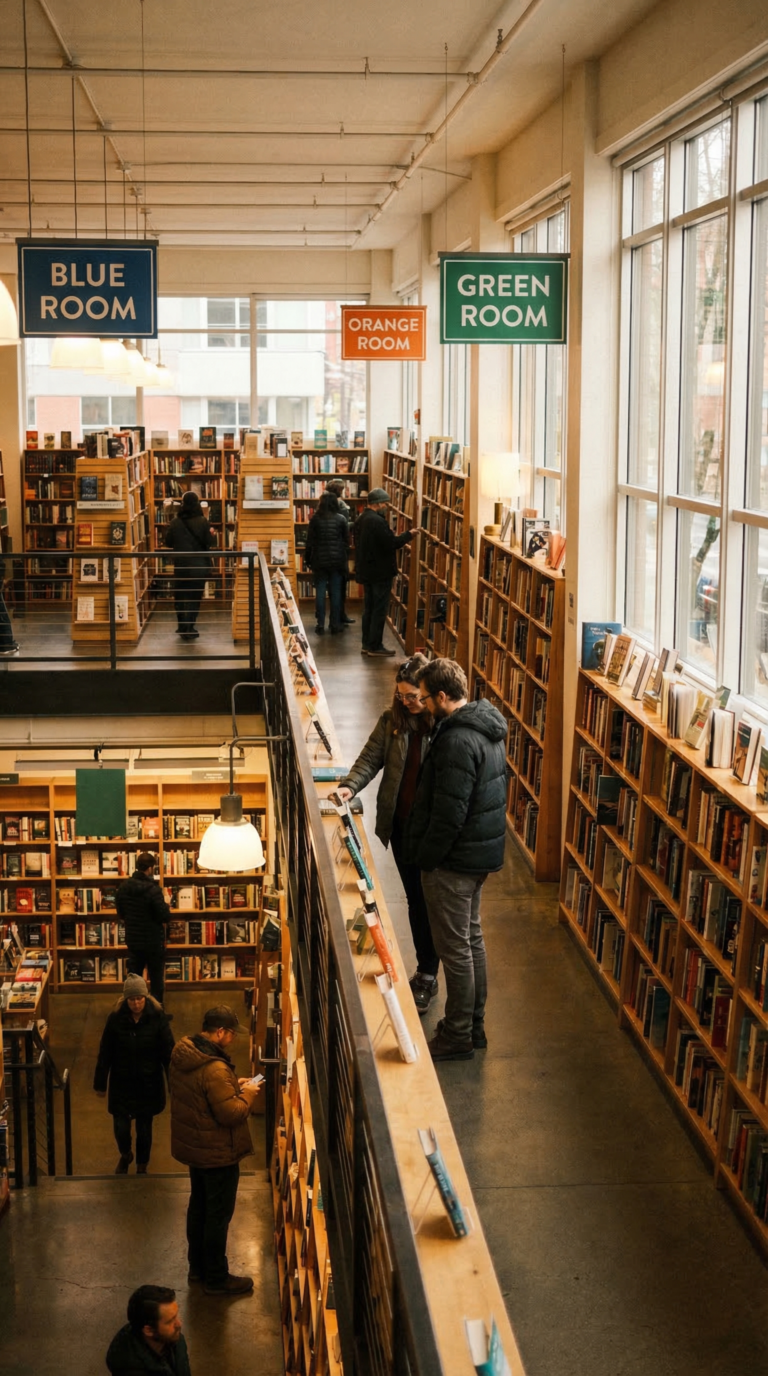 Interior of Powell's City of Books in Portland with towering bookshelves