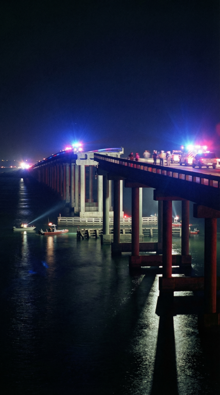 Queen Isabella Causeway bridge structure at night with illuminated support columns over Laguna Madre Bay