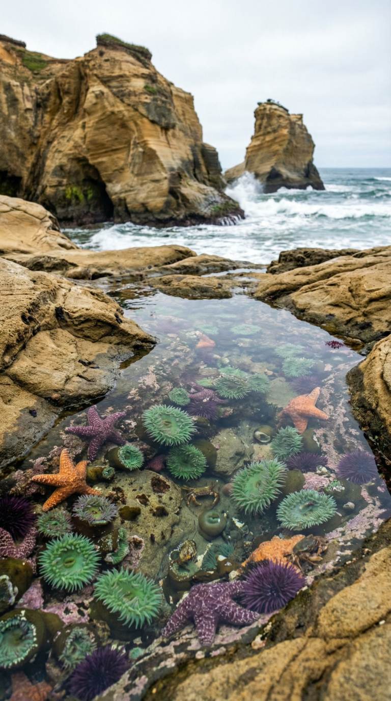 Cape Kiwanda tide pools with starfish and sea anemones