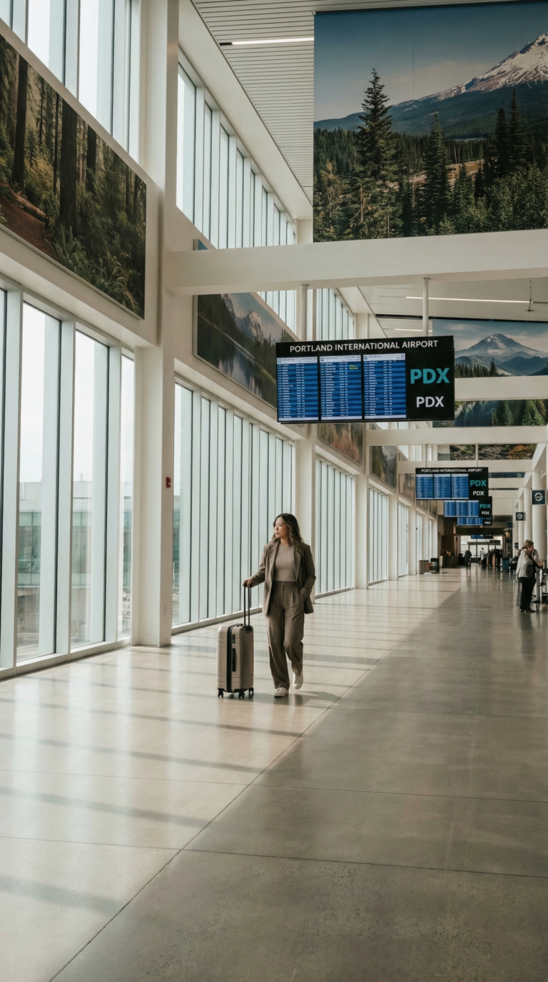 Portland International Airport terminal with traveler and modern interior design