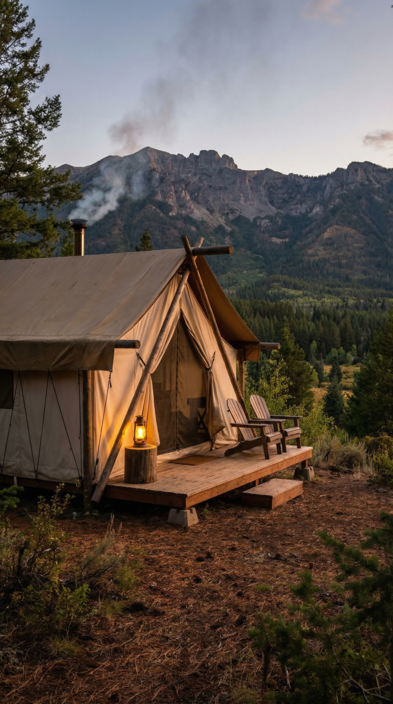 Luxury glamping tent accommodation in Columbia River Gorge forest
