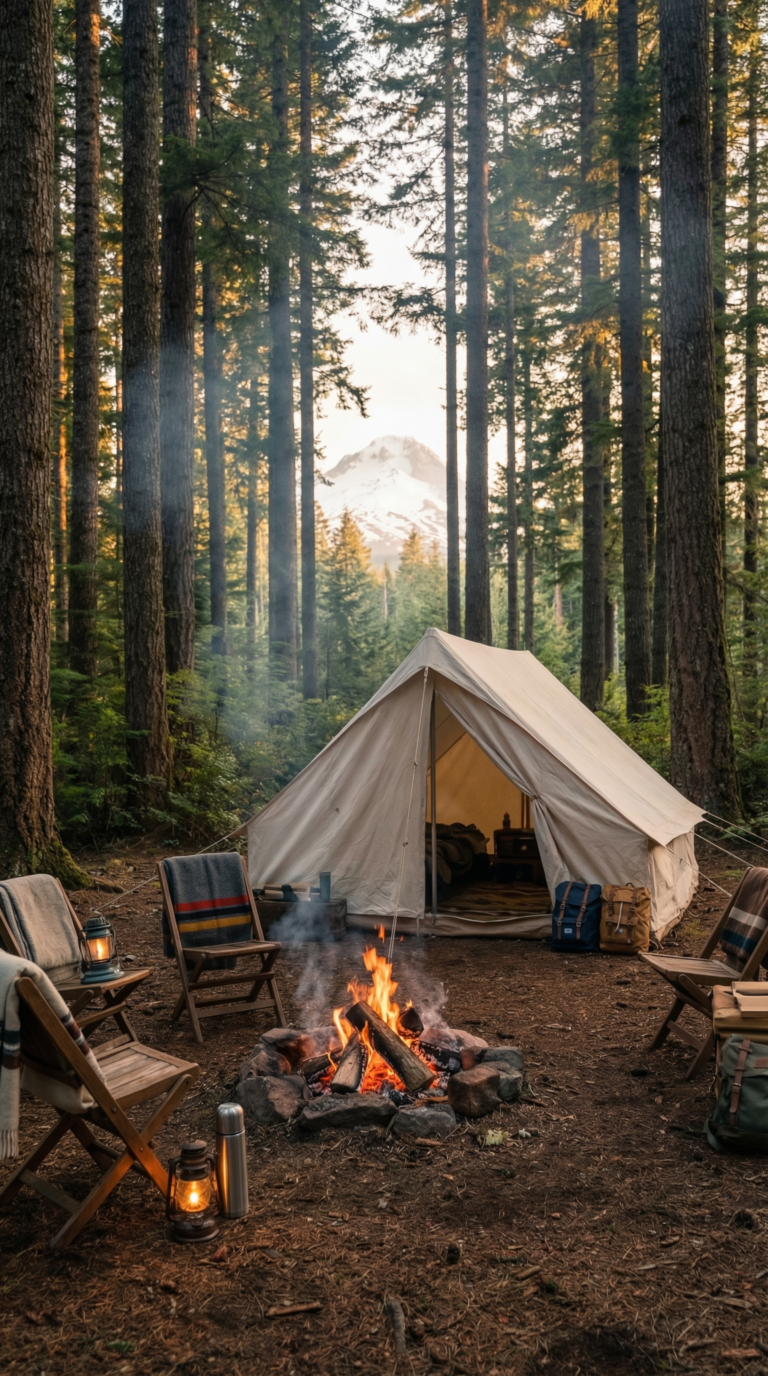 Tent camping in Mount Hood National Forest with mountain views and campfire